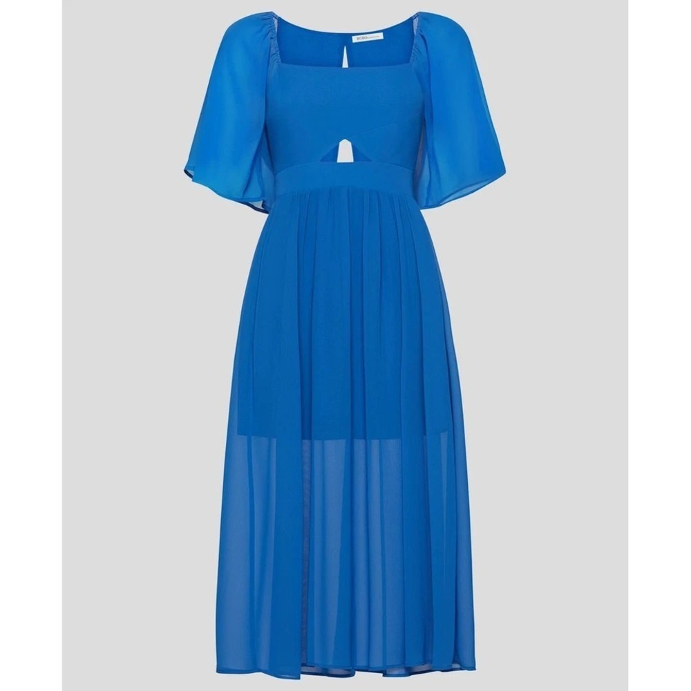 BCBGeneration Electric Blue Chiffon Cutout Open Back Midi Dress Flutter Sleeve